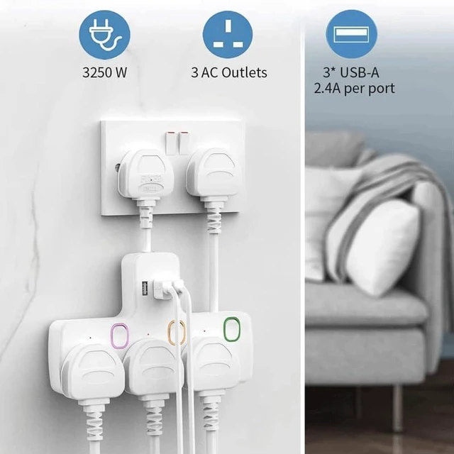 Alt view image 2 of 5 - Extension Power Cord with Quick Charging Adapter Socket Surge Protector