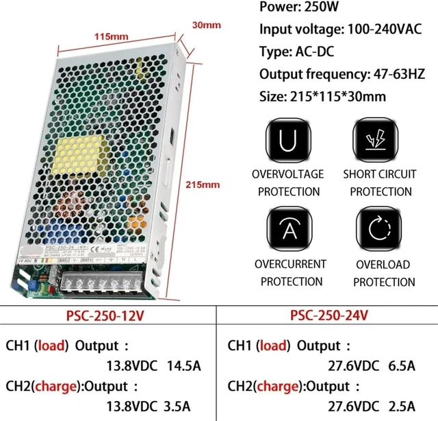 Alt view image 2 of 5 - 250W UPS Function Charger Switching Power Supply 12V 24V AC DC 13.8V 14.5A 27.6V 6. Uninterruptible SMPS PSC-250-12 PSC-250-24(12V_250W)