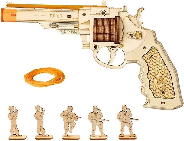Main image of ROKR 3D Wooden Puzzle Self Assemble Game Toys Mechanical Gun Model with Villains Targets & Rubber Bands Bullets for Teens, Adults