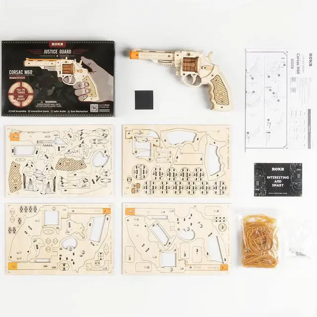 Alt view image 4 of 6 - ROKR 3D Wooden Puzzle Self Assemble Game Toys Mechanical Gun Model with Villains Targets & Rubber Bands Bullets for Teens, Adults