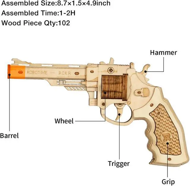 Alt view image 5 of 6 - ROKR 3D Wooden Puzzle Self Assemble Game Toys Mechanical Gun Model with Villains Targets & Rubber Bands Bullets for Teens, Adults