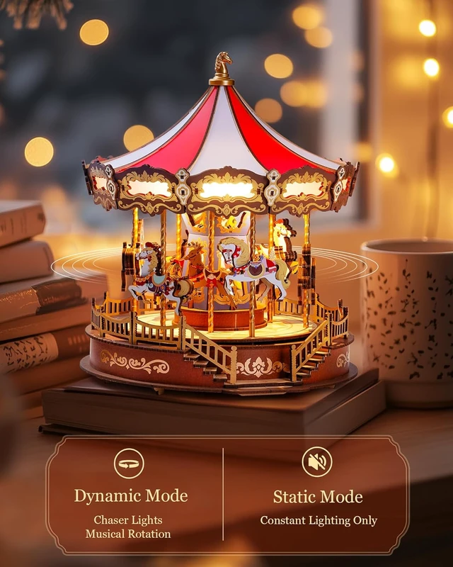 Alt view image 2 of 7 - Rolife Carousel Music Box 3D Wooden Puzzle 265-Piece DIY Model Building Kit with Chaser Lights & Spinning Animals, Home Decor Chiristmas Gifts for Adults & Teens