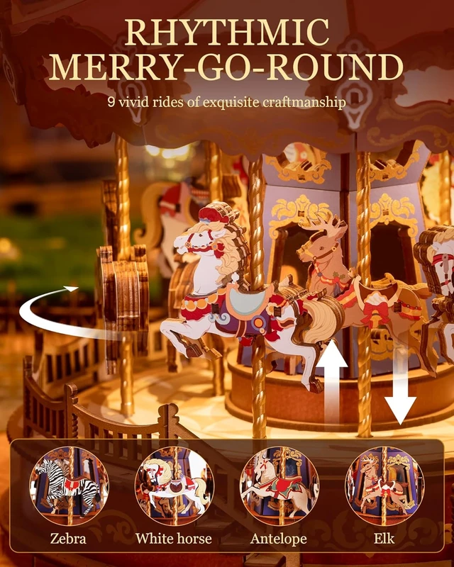 Alt view image 6 of 7 - Rolife Carousel Music Box 3D Wooden Puzzle 265-Piece DIY Model Building Kit with Chaser Lights & Spinning Animals, Home Decor Chiristmas Gifts for Adults & Teens