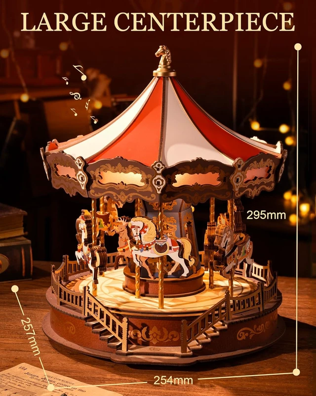 Alt view image 3 of 7 - Rolife Carousel Music Box 3D Wooden Puzzle 265-Piece DIY Model Building Kit with Chaser Lights & Spinning Animals, Home Decor Chiristmas Gifts for Adults & Teens
