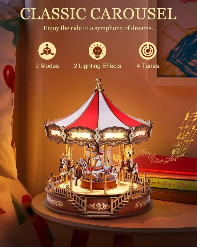 Alt view image 5 of 7 - Rolife Carousel Music Box 3D Wooden Puzzle 265-Piece DIY Model Building Kit with Chaser Lights & Spinning Animals, Home Decor Chiristmas Gifts for Adults & Teens