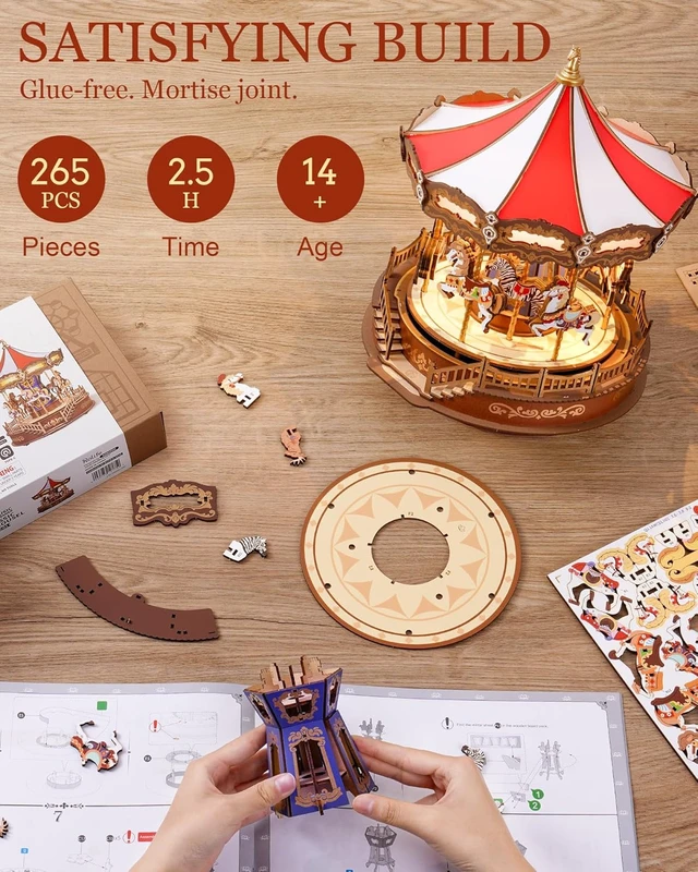 Alt view image 7 of 7 - Rolife Carousel Music Box 3D Wooden Puzzle 265-Piece DIY Model Building Kit with Chaser Lights & Spinning Animals, Home Decor Chiristmas Gifts for Adults & Teens