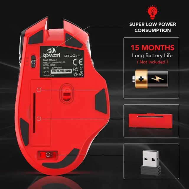 Alt view image 6 of 7 - M690-1 Wireless Gaming Mouse with DPI Shifting, 2 Side Buttons, 2400 DPI, Ergonomic Design, 8 Buttons-Black