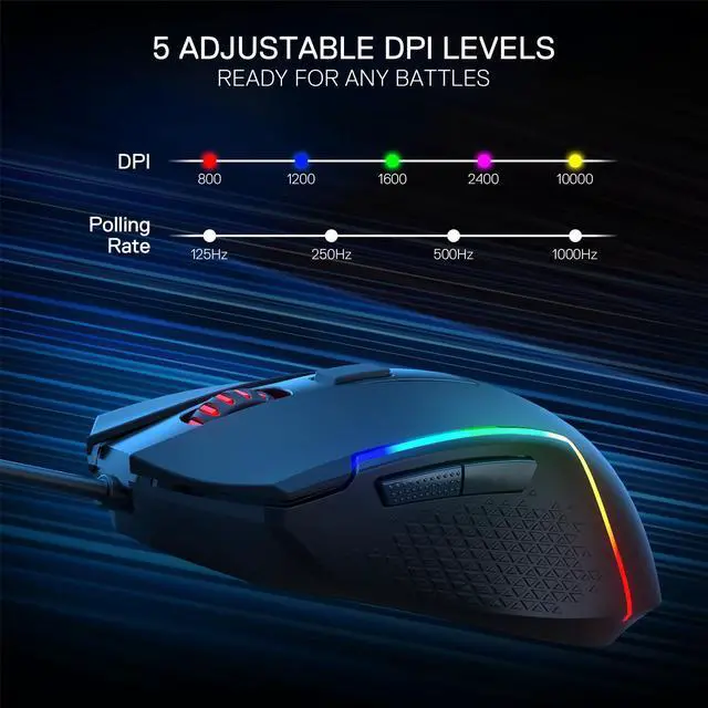 Alt view image 3 of 7 - M616 RGB Gaming Mouse, 10000 DPI Wired Optical Mouse with 6 Programmable Buttons & 8 Backlit Modes, Software Supports DIY Keybinds