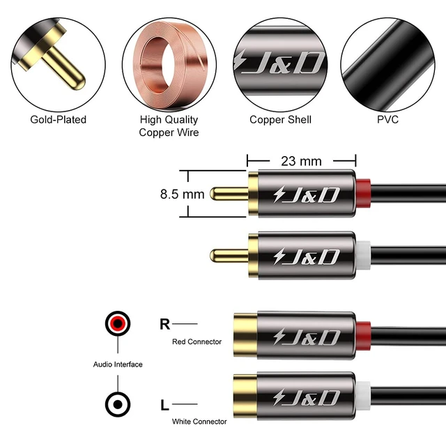 Alt view image 2 of 7 - 2 RCA Extension Cable, RCA Male to Female Stereo Cable, 9 ft Gold Plated Connectors, Heavy Duty Copper Shell & OFC conductors - Clear Bass, Noise Shielding for Hi-Fi, TV and Home Theater