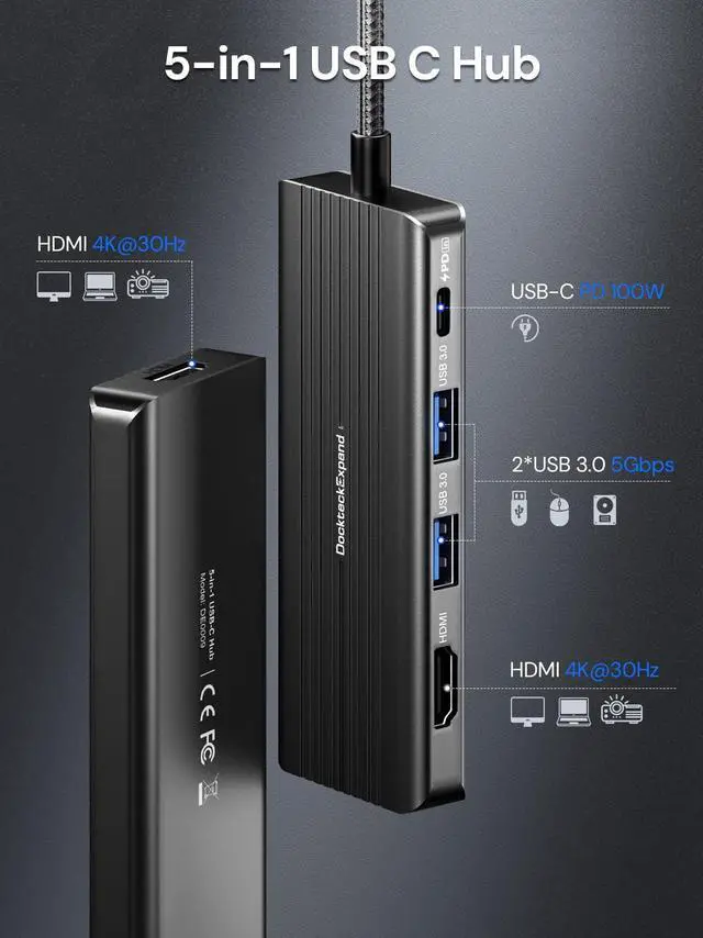 Alt view image 2 of 7 - USBC to HDMI, 5-in-1 USB C Hub with Dual HDMI 4K@30Hz, 2 USB 3.0 Ports, 100W PD Charging Compatible with MacBook, Dell, Chromebook & More