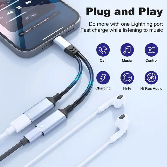Alt view image 2 of 7 - iPhone Splitter for Charging and Headphone,2 in 1 Dual Lightning Splitter for Earphone, iPhone Audio and Charge Adapter Dongle Cable for Phone 14/13/12/11/pad
