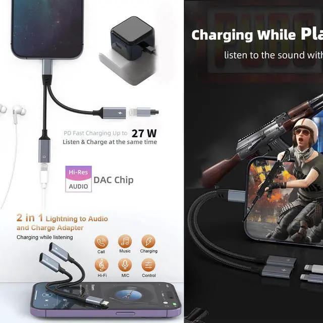 Alt view image 4 of 7 - iPhone Splitter for Charging and Headphone,2 in 1 Dual Lightning Splitter for Earphone, iPhone Audio and Charge Adapter Dongle Cable for Phone 14/13/12/11/pad