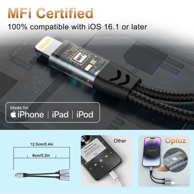 Alt view image 5 of 7 - iPhone Splitter for Charging and Headphone,2 in 1 Dual Lightning Splitter for Earphone, iPhone Audio and Charge Adapter Dongle Cable for Phone 14/13/12/11/pad