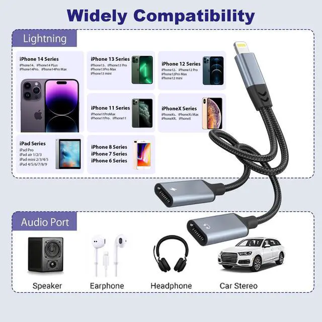 Alt view image 6 of 7 - iPhone Splitter for Charging and Headphone,2 in 1 Dual Lightning Splitter for Earphone, iPhone Audio and Charge Adapter Dongle Cable for Phone 14/13/12/11/pad