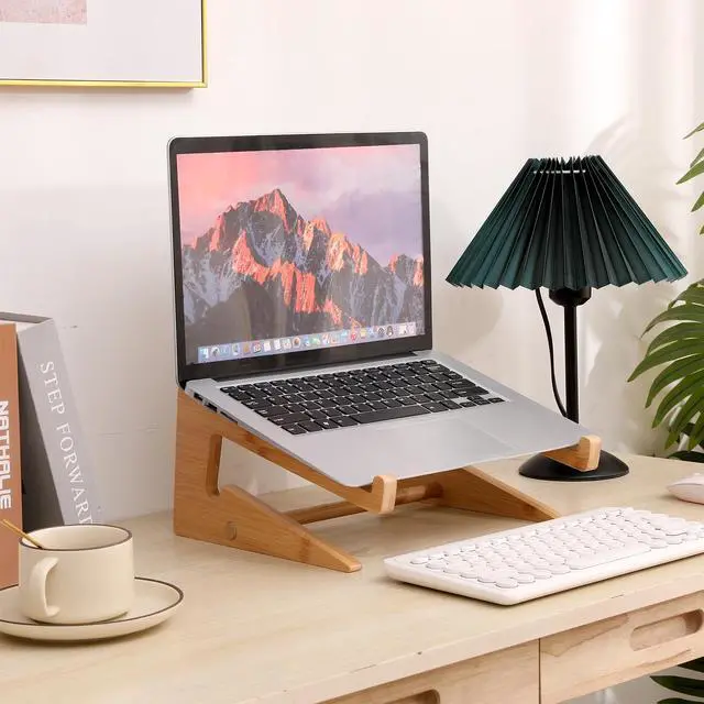 Alt view image 2 of 7 - YOCAHAOY Wooden Laptop Stand Vertical Laptop for 13-18.6in Laptop,Bamboo Stand for Desk