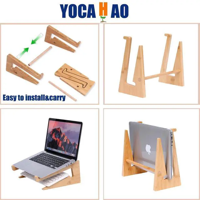 Alt view image 4 of 7 - YOCAHAOY Wooden Laptop Stand Vertical Laptop for 13-18.6in Laptop,Bamboo Stand for Desk