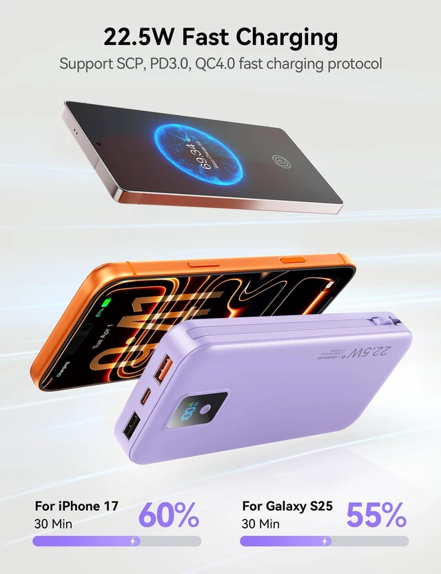 Alt view image 4 of 7 - Rngsnoy Portable Charger 12000mAh 22.5W w/Built-in Cable & Wall Plug Purple