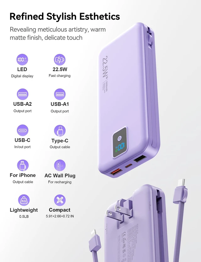 Alt view image 6 of 7 - Rngsnoy Portable Charger 12000mAh 22.5W w/Built-in Cable & Wall Plug Purple