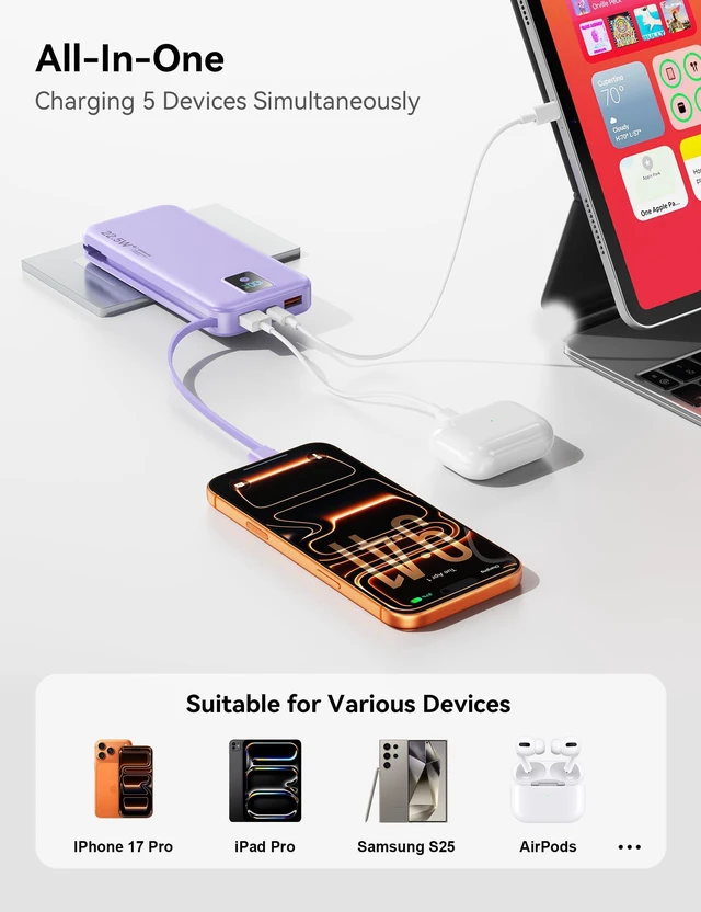 Alt view image 7 of 7 - Rngsnoy Portable Charger 12000mAh 22.5W w/Built-in Cable & Wall Plug Purple