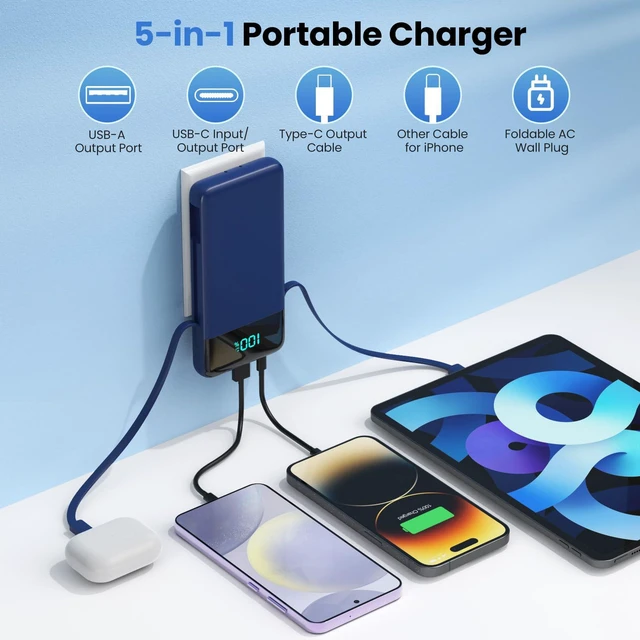 Alt view image 2 of 7 - Portable Charger for iPhone with Built in Cables and Wall Plug,Upgraded 13800mAh Fast Charging USB C Power Bank,4 Outputs Travel Essential Battery Pack Compatible with iPhone 17/16/15/14,Galaxy-Blue