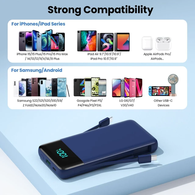 Alt view image 6 of 7 - Portable Charger for iPhone with Built in Cables and Wall Plug,Upgraded 13800mAh Fast Charging USB C Power Bank,4 Outputs Travel Essential Battery Pack Compatible with iPhone 17/16/15/14,Galaxy-Blue