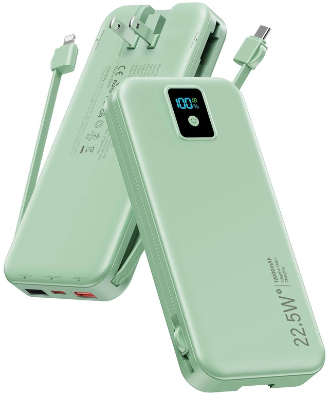 Main image of Portable Charger, 12000mAh 22.5W Fast Charging Power Bank with Built-in Cables & Wall Plug, Travel Essentials Battery Pack with LED Display, USB C External Battery Bank for iPhone iPad, Samsung Green
