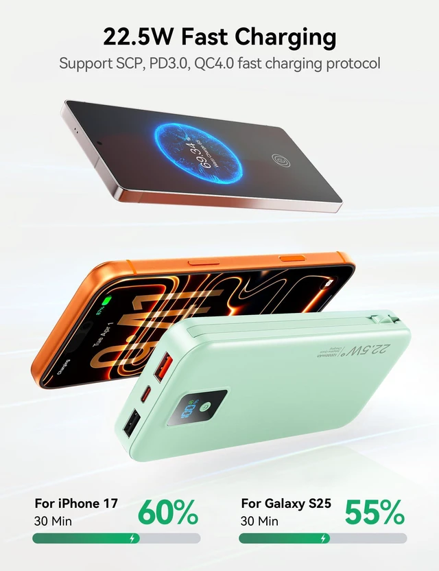 Alt view image 4 of 14 - Portable Charger, 12000mAh 22.5W Fast Charging Power Bank with Built-in Cables & Wall Plug, Travel Essentials Battery Pack with LED Display, USB C External Battery Bank for iPhone iPad, Samsung Green