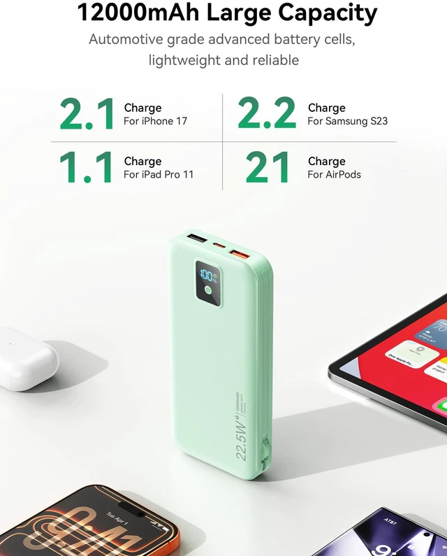Alt view image 5 of 14 - Portable Charger, 12000mAh 22.5W Fast Charging Power Bank with Built-in Cables & Wall Plug, Travel Essentials Battery Pack with LED Display, USB C External Battery Bank for iPhone iPad, Samsung Green