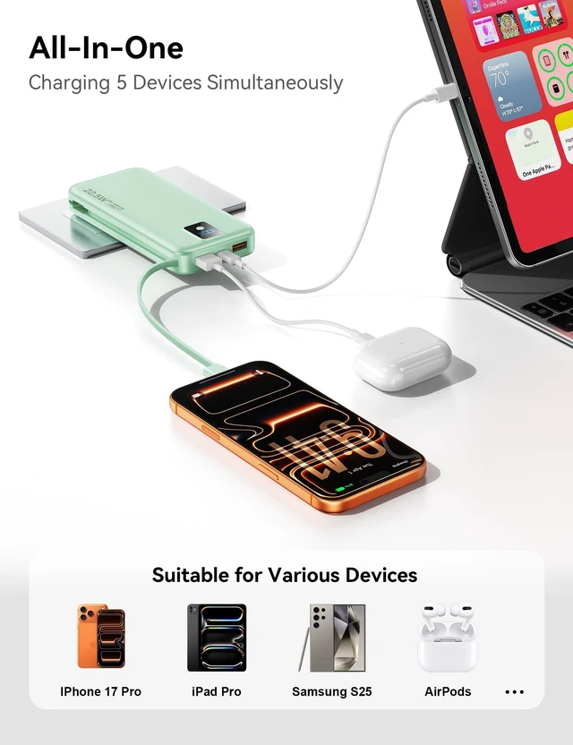 Alt view image 7 of 14 - Portable Charger, 12000mAh 22.5W Fast Charging Power Bank with Built-in Cables & Wall Plug, Travel Essentials Battery Pack with LED Display, USB C External Battery Bank for iPhone iPad, Samsung Green
