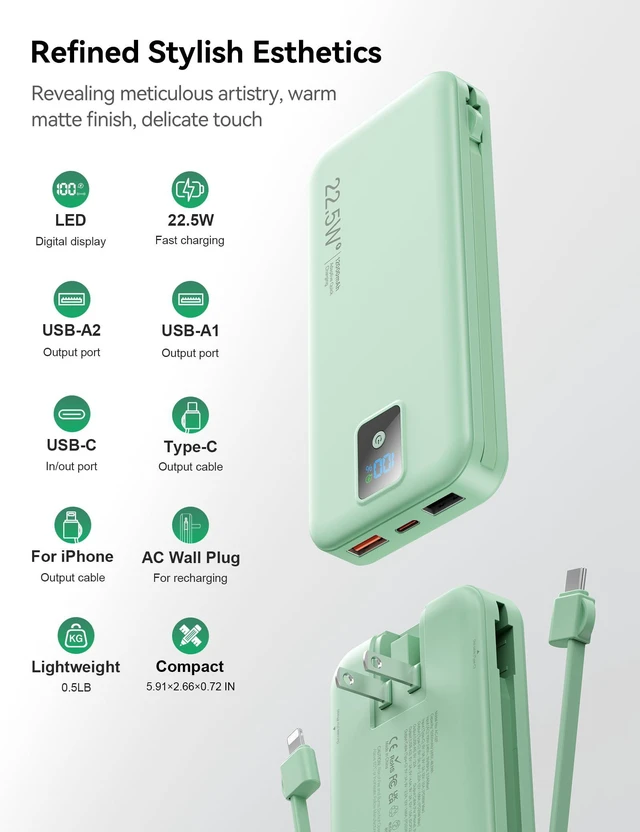 Alt view image 6 of 14 - Portable Charger, 12000mAh 22.5W Fast Charging Power Bank with Built-in Cables & Wall Plug, Travel Essentials Battery Pack with LED Display, USB C External Battery Bank for iPhone iPad, Samsung Green