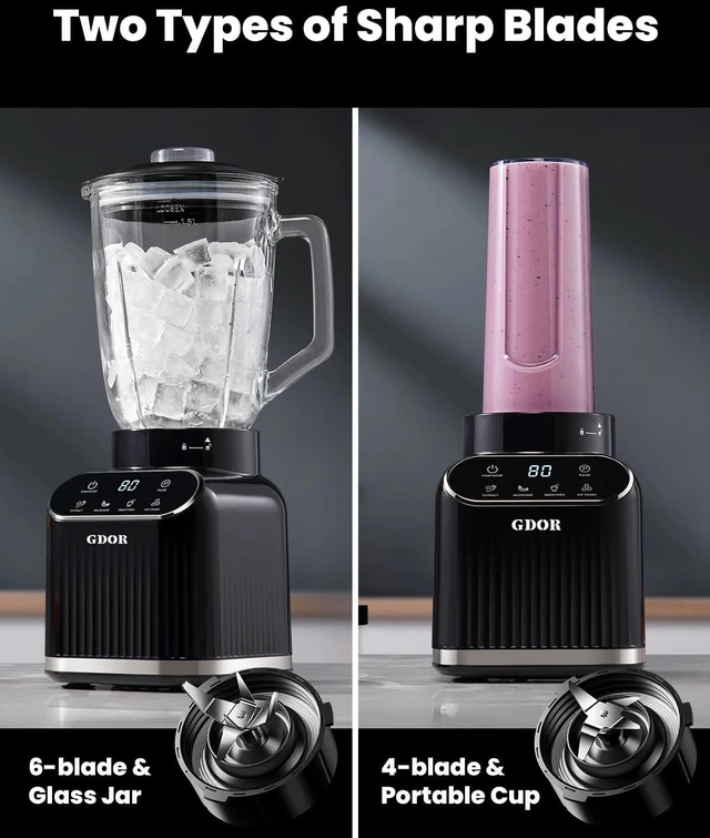 Alt view image 5 of 7 - Smoothie Blender for Kitchen,1200W Glass blender with 5 Smart Programs | Professional Blender with 52oz Jar & 24oz To-Go Cup, 6-leaf Blade for Ice Cubes, Frozen Fruits, and Shakes, Self-Clean, Black