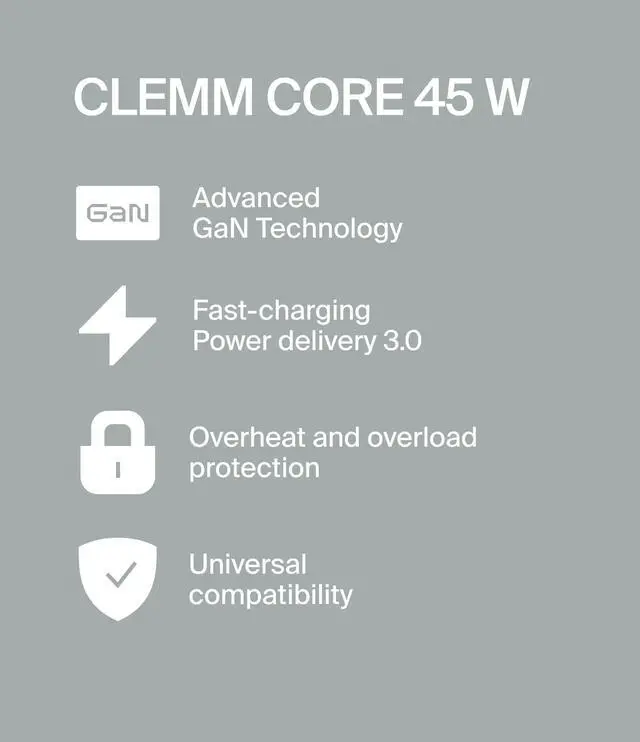 Alt view image 7 of 14 - 45W Fast Charging Power Adapter for iPhone 17/16/15/14/13/12/11/X, Galaxy S24 Ultra/S23 & More - GaN, PD 3.0, PPS, USB-C × 2, Clemm Gray