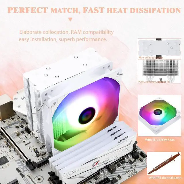 Alt view image 5 of 7 - Assassin King 120 SE White ARGB CPU Air Cooler, AK120 SE White ARB, 5 Heatpipes, TL-C12CW-S PWM Quiet Fan CPU Cooler with S-FDB Bearing, for AMD AM4/AM5/Intel LGA1700/1150/1151/1200/1851
