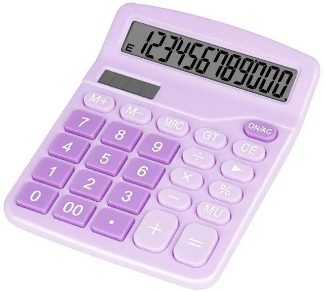 Main image of Cute Purple Desktop Calculator with Big Buttons, Dual Power Source, Solar and Battery, Large Display Screen - Perfect for Office, Teachers, and Students (Purple)