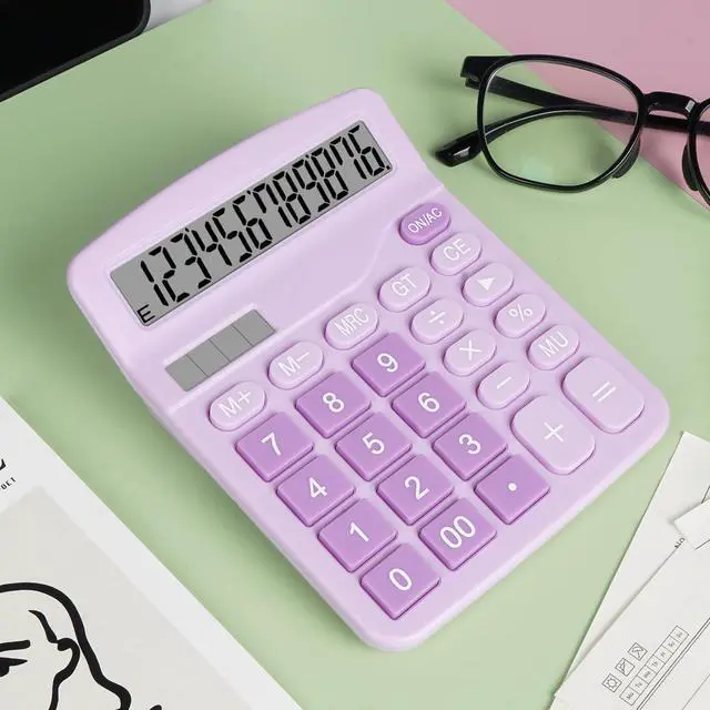 Alt view image 2 of 7 - Cute Purple Desktop Calculator with Big Buttons, Dual Power Source, Solar and Battery, Large Display Screen - Perfect for Office, Teachers, and Students (Purple)