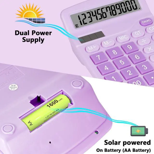 Alt view image 3 of 7 - Cute Purple Desktop Calculator with Big Buttons, Dual Power Source, Solar and Battery, Large Display Screen - Perfect for Office, Teachers, and Students (Purple)