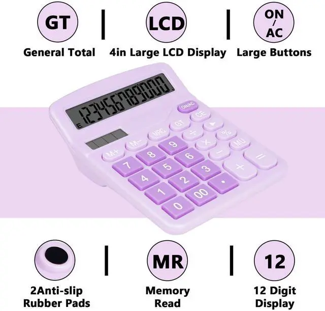 Alt view image 4 of 7 - Cute Purple Desktop Calculator with Big Buttons, Dual Power Source, Solar and Battery, Large Display Screen - Perfect for Office, Teachers, and Students (Purple)