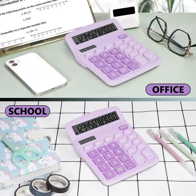 Alt view image 5 of 7 - Cute Purple Desktop Calculator with Big Buttons, Dual Power Source, Solar and Battery, Large Display Screen - Perfect for Office, Teachers, and Students (Purple)