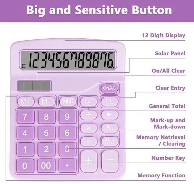 Alt view image 6 of 7 - Cute Purple Desktop Calculator with Big Buttons, Dual Power Source, Solar and Battery, Large Display Screen - Perfect for Office, Teachers, and Students (Purple)