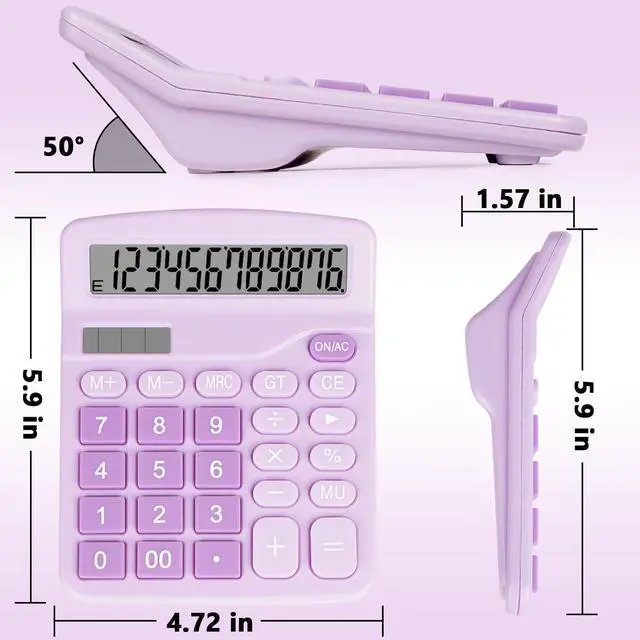 Alt view image 7 of 7 - Cute Purple Desktop Calculator with Big Buttons, Dual Power Source, Solar and Battery, Large Display Screen - Perfect for Office, Teachers, and Students (Purple)