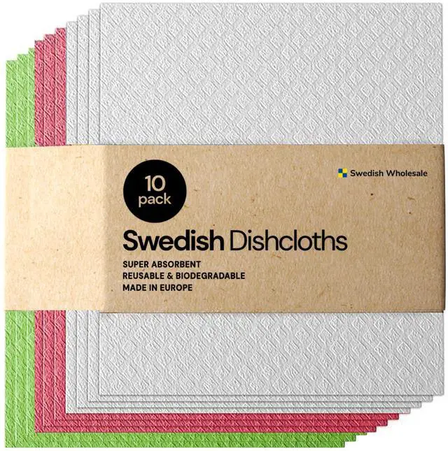 Main image of Swedish Wholesale Dishcloths Reusable 8" x 7" Sponge Cloths, Bulk 10 Pack of High Absorbent Cellulose Dish & Kitchen Cleaning Hand Towels, Wring to Dry & Machine Wash, Odor Resistant, Assorted Colors