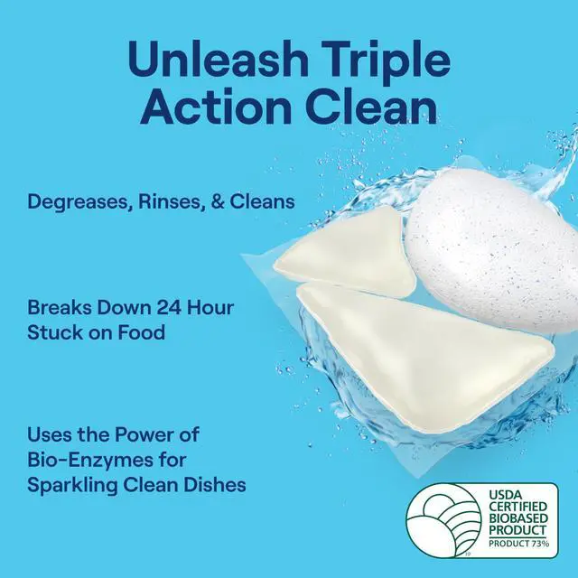 Alt view image 2 of 7 - Triple Action Clean Automatic Dishwasher Detergent Packs with Bio-Enzyme Power, Free & Clear, Fights 48-hour Stuck-on Food, 54 count