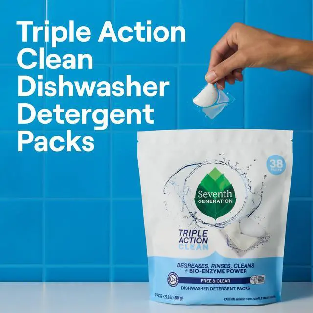 Alt view image 5 of 7 - Triple Action Clean Automatic Dishwasher Detergent Packs with Bio-Enzyme Power, Free & Clear, Fights 48-hour Stuck-on Food, 54 count
