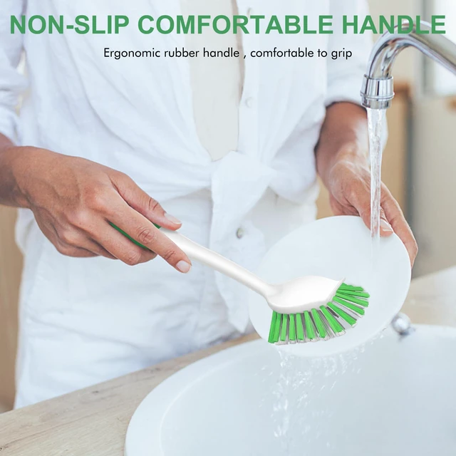 Alt view image 7 of 7 - Dish Brush with Handle, 2 Pack Stiff Bristles Dish Scrubber, Green | Built-In Scraper Tip, Non-Slip Rubber Handle, Hanging Loop for Storage Deep Cleaning for Dishes Pots, Pans, Bottles