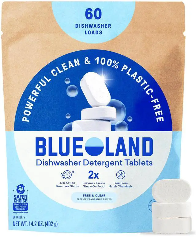 Main image of BLUELAND 100% Plastic-Free Dishwasher Detergent Tablets, 60 Count, Free & Clear, Eco-Friendly Dishwashing Pods, Cuts Grease & Stuck on Food, Rinses Clean for Streak-Free Shine