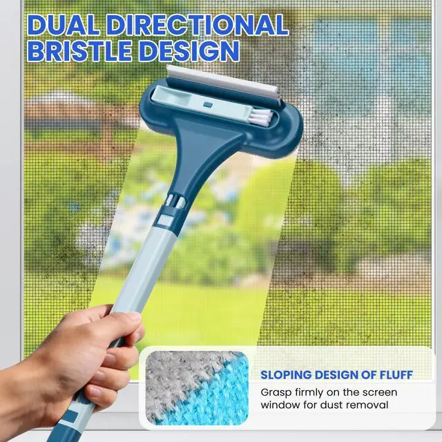 Alt view image 5 of 7 - FLMAQE 2-in-1 Screen Cleaning Brush with Squeegee - Window Mesh Cleaner & Pet Hair Remover for Couch, Multi-Use Crevice Tool for Patio and Porch Screens (Cyan Blue)