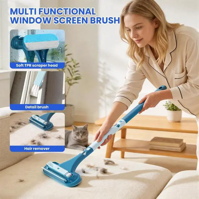 Alt view image 7 of 7 - FLMAQE 2-in-1 Screen Cleaning Brush with Squeegee - Window Mesh Cleaner & Pet Hair Remover for Couch, Multi-Use Crevice Tool for Patio and Porch Screens (Cyan Blue)