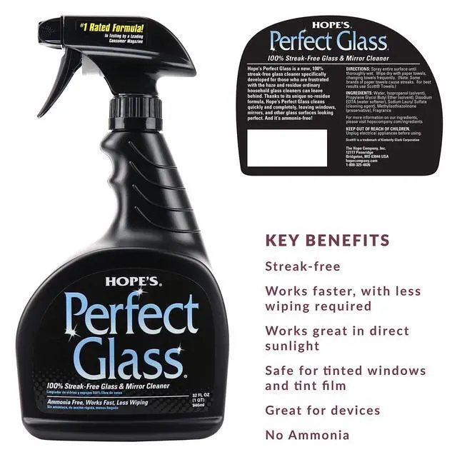 Alt view image 2 of 7 - HOPE'S Perfect Glass Cleaner Spray, Streak-Free, Ammonia-Free Window, Mirror, Screen, Tinted Glass, and Shower Door Cleaner, Indoor and Outdoor Glass Surfaces, 32 Fl Oz, Pack of 1