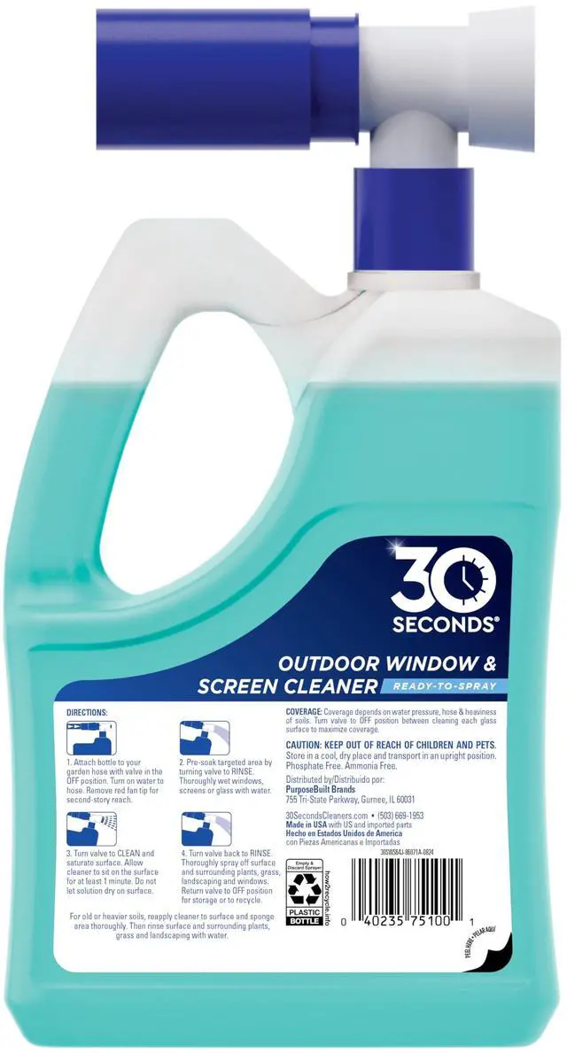 Alt view image 2 of 7 - 30 SECONDS Outdoor Window & Screen Concentrated Cleaner for Glass, Patio Doors, Fiberglass, Furniture - No Screen Removal Required, Spray & Rinse - Hose End Spray Attachment (2 PACK)
