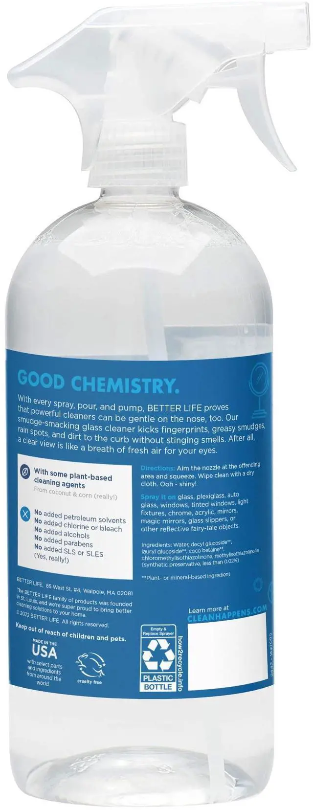 Alt view image 2 of 7 - Better Life Glass Cleaner, Streak-free Window Cleaner, Surface Cleaning Spray, Mirror, Screen and Shower Door Cleaner, Removes Fingerprints, Dust, Dirt, Unscented, 32 Oz, Pack of 1